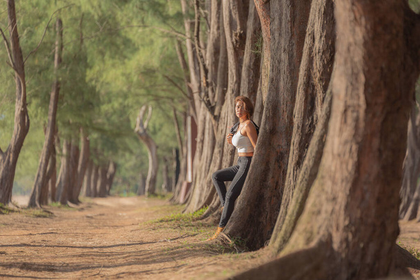 A sexy woman in lifestyle walking in the pine tree tunnel.Tree Tunnel beside the beach.Large pine trees line up to form a tunnel background. - Foto, imagen