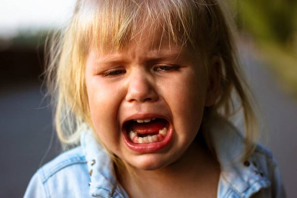 Pieni söpö kaunis blondi pikkulapsi tyttö 3-vuotias itkee kesäpuistossa. Hylätty tunteellinen järkyttynyt lapsi. Vanhemmuus, lapsipsykologia. Laiminlyöty vauva. Oikeita tunteita, huutoa, surua. Hammashoito. - Valokuva, kuva