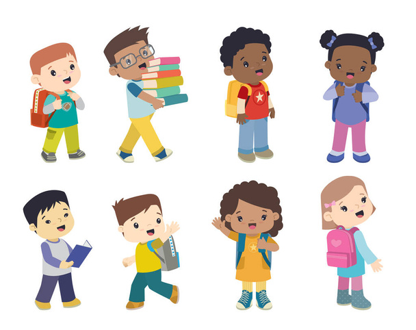 Niños de escuela multiétnica con bolsas escolares Lindo y sonriente de pie en diferentes postes Set de ilustración de vectores planos - Vector, imagen