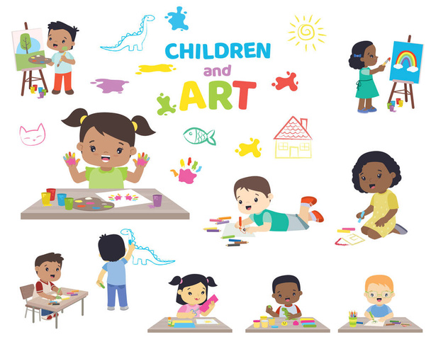 Bambini multi-etnici che fanno arte Divertimento e educativo Big Set Flat Vector Illustration Design Set isolato su bianco - Vettoriali, immagini