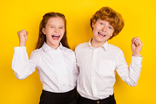 Photo of two best friends pupils smiling screaming pass exam raise fist in triumph isolated on yellow color background - Photo, Image