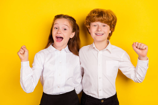 Photo of good mood excited crazy cheerful students raise fist in victory pass exam isolated on yellow color background - Valokuva, kuva