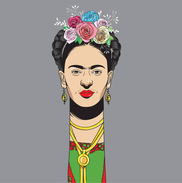 Frida Kahlo ritratto in stile cartone animato, Era una pittrice messicana conosciuta per i suoi numerosi ritratti, autoritratti, e opere ispirate alla natura e artefatti del Messico - Vettoriali, immagini