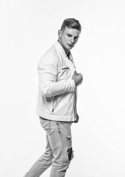 young confident guy in white urban clothes, fashion - Φωτογραφία, εικόνα