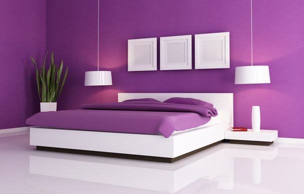 Minimal purple bedroom with white double bad - Foto, Bild