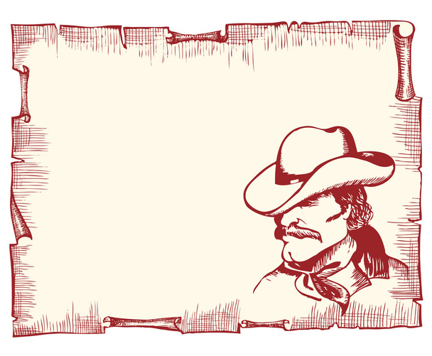 Cowboy portrait on old paper background for text.vector image of strong man - Vektör, Görsel