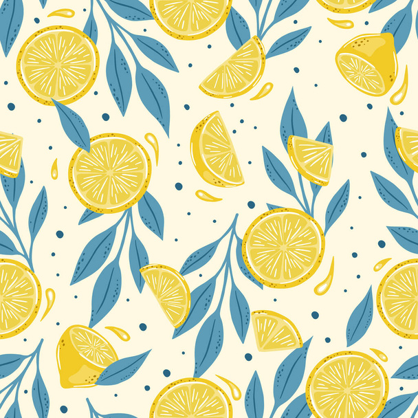 Nahtloses Muster handgezeichneter Zitronen. Zitrusfrüchte Hintergrund. Perfekt für textile Tapeten-Poster - Vektor, Bild