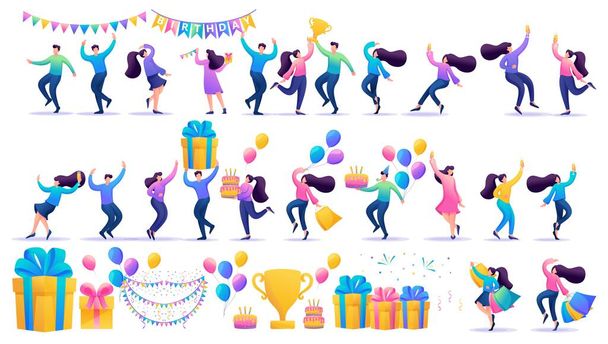 Large set of birthday. Happy people characters in a flat cartoon style celebrate a birthday. Set with garlands, gift boxes, cakes, balloons and dancing people - Vektor, Bild