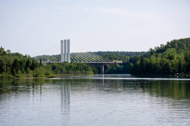 A modern bridge over the large river in a greenery - Zdjęcie, obraz