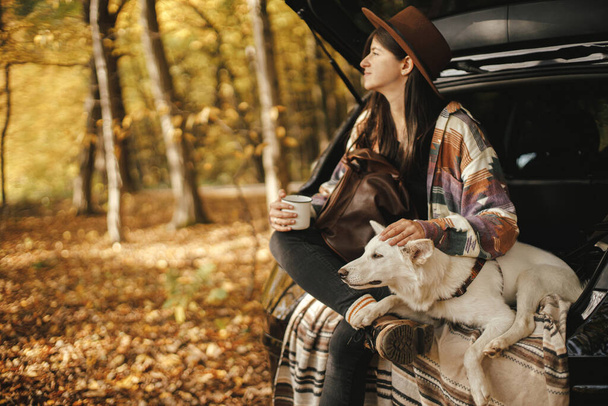 Stylowa kobieta podróżnik z plecakiem siedzi z uroczym psem w bagażniku samochodu w słonecznych jesiennych lasach. Młoda hipsterka podróżująca ze szwajcarskim pasterzem białym psem. Podróże i wycieczka ze zwierzętami - Zdjęcie, obraz