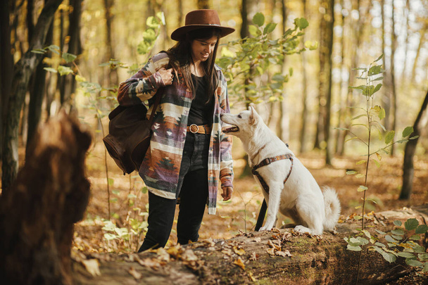 帽子の訓練でスタイリッシュな女性かわいい犬は日当たりの良い秋の森の古い切り株に座っています。美しい森の中でスイスの羊飼いの白い犬と若い女性旅行者。ペットとの旅行と学習 - 写真・画像
