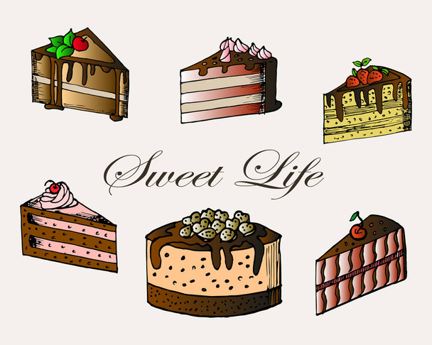 εικονογράφηση, καρτ ποστάλ, σχέδιο, χρωματιστά κέικ και κομμάτια, για τη βιομηχανία τροφίμων - Διάνυσμα, εικόνα