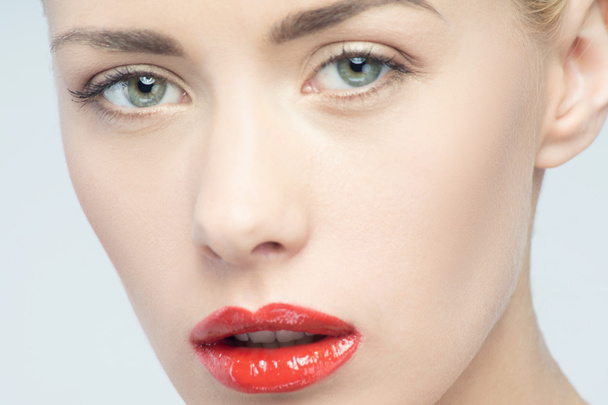 Beautiful red lips, portrait of sexy blonde woman - Zdjęcie, obraz
