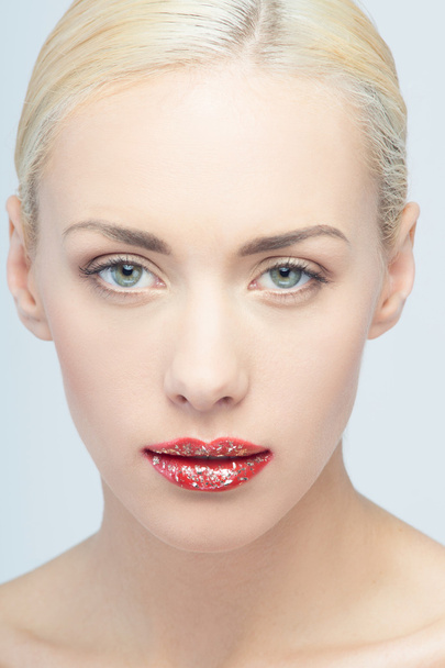 Lips of young blonde woman with vogue shining sparkle - Fotografie, Obrázek