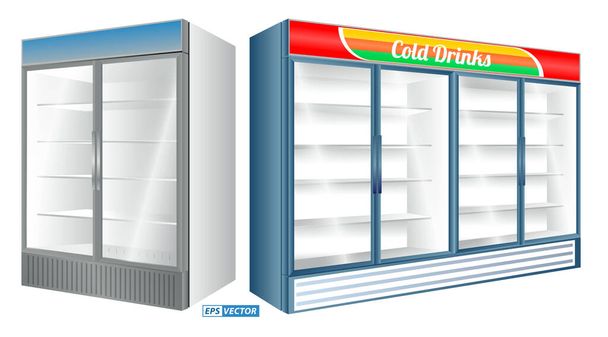 realisztikus hűtővitrin elszigetelt vagy kereskedelmi hűtővitrin hűtő italok hűtőszekrény fagyasztó vagy vitrin átlátszó üveg hűtőszekrény. EPS vektor - Vektor, kép