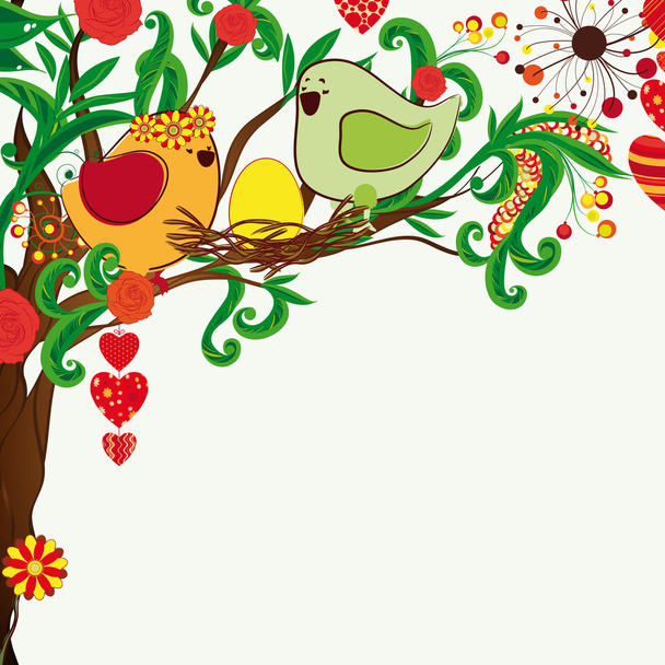 Floral spring background. Couple of birdies and the bloosom fant - Vector, imagen