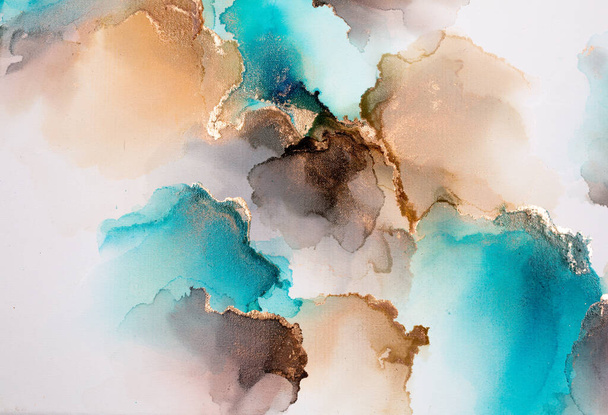 Abstract fluid art. Alcohol ink on canvas. Brown, cyan, and gold - Фото, изображение