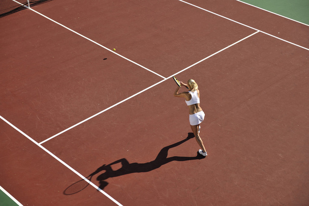 młody sprawny kobieta tenisa odkryty na pole pomarańczowy tenis w wczesnym rankiem - Zdjęcie, obraz