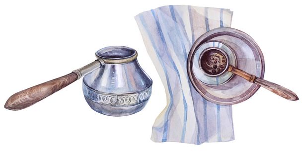 Definir cezve turca aquarela de cima vista superior na placa com toalha. Máquina de café de metal e madeira velha para bebida de aroma quente da manhã isolada em fundo branco. Arte clipe desenhado à mão para menu, livro de receitas - Foto, Imagem