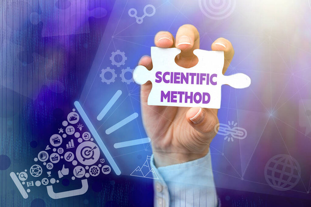 Text sign showing Scientific Method. Word for method of procedure that has characterized natural science Hand Holding Jigsaw Puzzle Piece Unlocking New Futuristic Technologies. - Фото, изображение