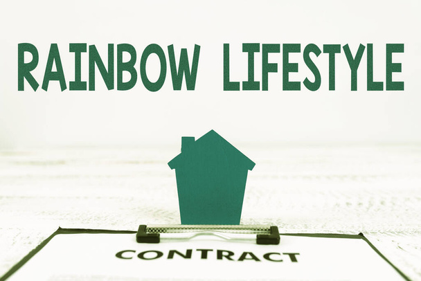 Inspiratie met teken Rainbow Lifestyle. Concept betekent hetzelfde geslacht paar of individu binnen de LGBT-gemeenschap Presenteren van Real Estate Business, Creating Better Neighborhood - Foto, afbeelding
