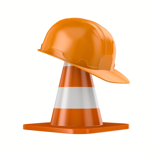 orange hard hat and traffic cone on white background. Isolated 3d illustration - Fotoğraf, Görsel