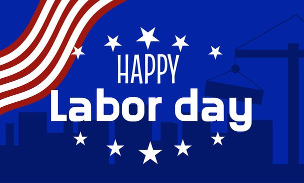 Uma bandeira do Dia do Trabalhador com estrela e uma bandeira americana. American Labor Day, banner com fundo azul. Ilustração vetorial - Vetor, Imagem