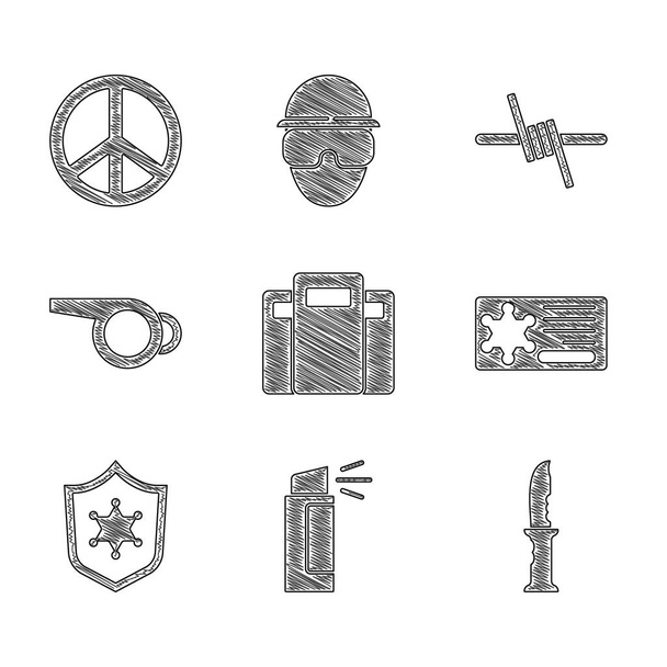 Set Police assault shield, Pepper spray, Military knife, badge, Whistle, Barbed wire and Peace icon. Vector - Vector, Image