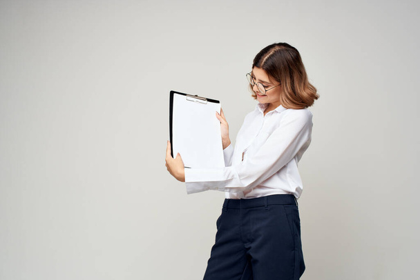 Business woman in white shirt documents work Copy Space - Foto, immagini