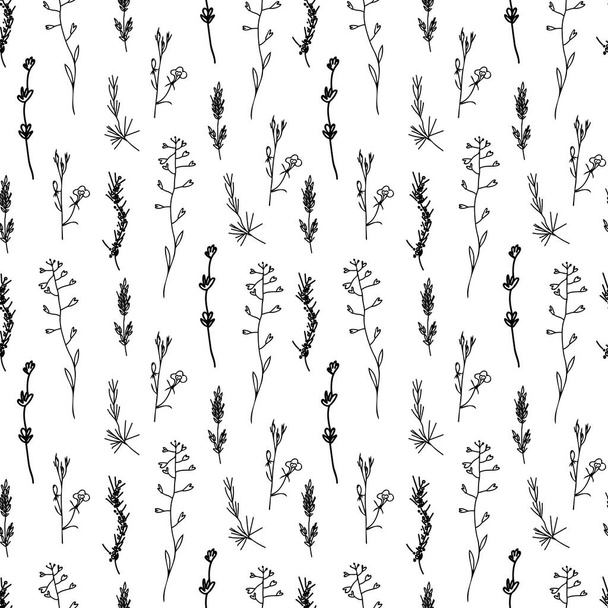 Seamless vector pattern with garden and wildflowers in black line on white isolated background.Botanical,floral hand drawn doodle style print.Designs for textiles,fabric,wrapping paper,scrapbook paper - Вектор,изображение