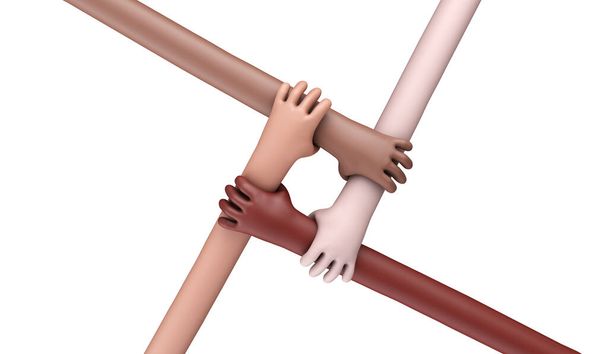 Group of diverse hands holding each other. Business partnership. 3D Rendering - Φωτογραφία, εικόνα
