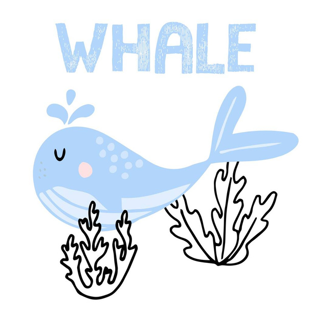 Vector hand-drawn childrens illustration of a cute blue whale. A whale swimming near the algae. The illustration is suitable for postcards, textiles, prints. - Vector, Imagen