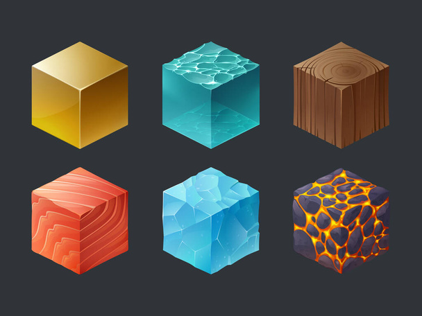 Set of isometric cubes, game texture, 3d icons - Vetor, Imagem