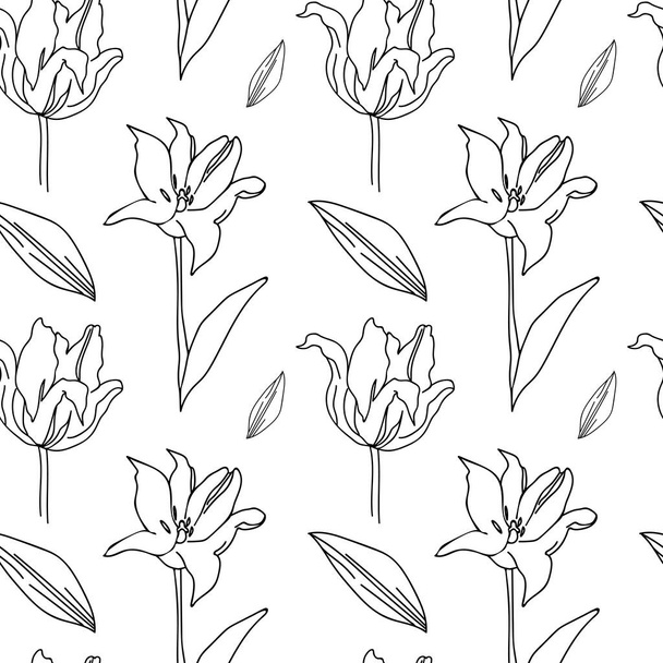 Seamless floral pattern in black line on white isolated background.Cute,modern,fantasy,botanical hand drawn doodle style print.Designs for textiles,wallpaper,fabric,wrapping paper,scrapbook paper. - Vecteur, image