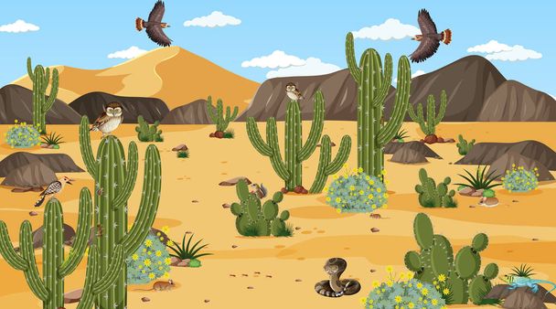 Paisaje del bosque del desierto durante el día con animales del desierto e ilustración de plantas - Vector, Imagen