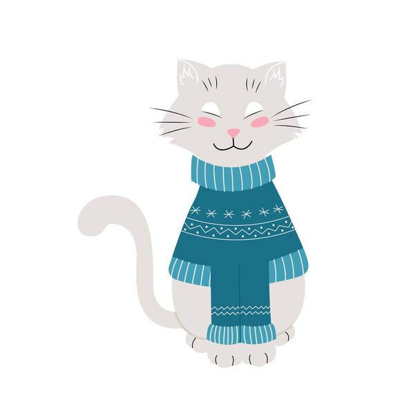 Cat in a warm winter sweater, funny pets, vector illustration. Isolated. Flat design - Wektor, obraz