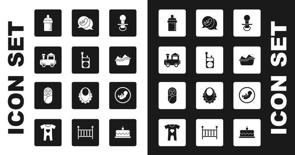 Set Baby dummy pacifier, Monitor Walkie Talkie, Toy train, bottle, bathtub, and Newborn baby infant swaddled icon. Vector - Διάνυσμα, εικόνα