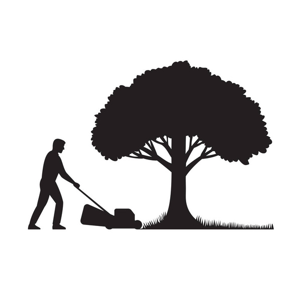 Stencil εικονογράφηση της σιλουέτας ενός κηπουρού με χλοοκοπτική μηχανή ή χλοοκοπτική μηχανή χλοοκοπτικό γκαζόν με βελανιδιά στο πίσω μέρος σε απομονωμένο φόντο γίνεται σε μαύρο και άσπρο ρετρό στυλ. - Διάνυσμα, εικόνα