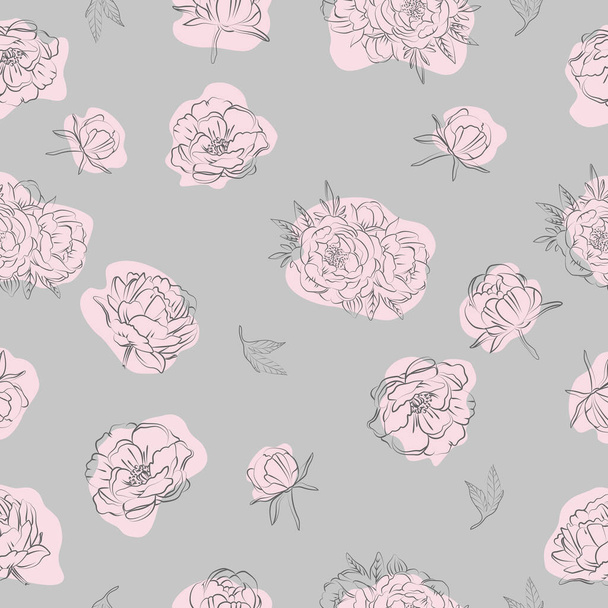 Elegant outline sketching of peony's flowers, vector illustration, seamless pattern - Vector, Image