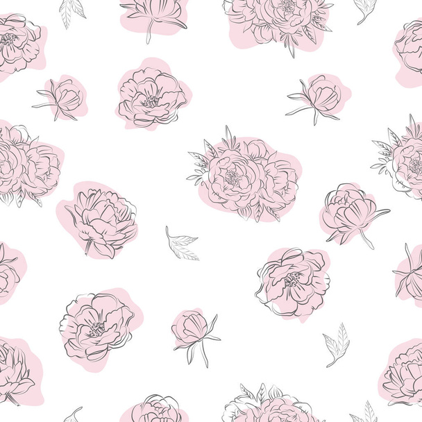 Esbozo elegante de flores de peonía, ilustración vectorial, patrón sin costuras - Vector, Imagen