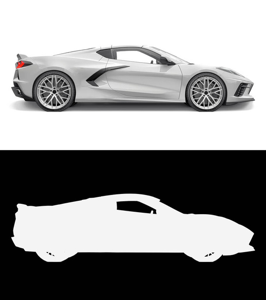 Beyaz arka planda spor araba. Normal bir resim ve alfa kanalının birleştirilmiş çizimi. 3d illüstrasyon - Fotoğraf, Görsel