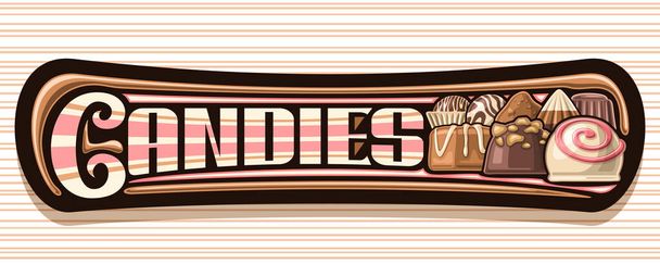 Banner vectorial para caramelos de chocolate, letrero decorativo con ilustración de variedad de chocolate praliné y caramelo blanco con espiral rosa, letras únicas para caramelos de palabra sobre fondo rayado marrón - Vector, Imagen