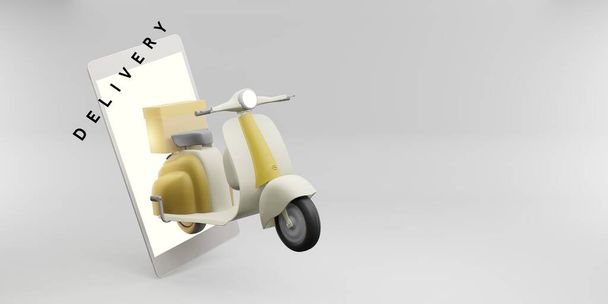 Product delivery via phone application with a wheeled motorcycle 3d illustration - Photo, Image