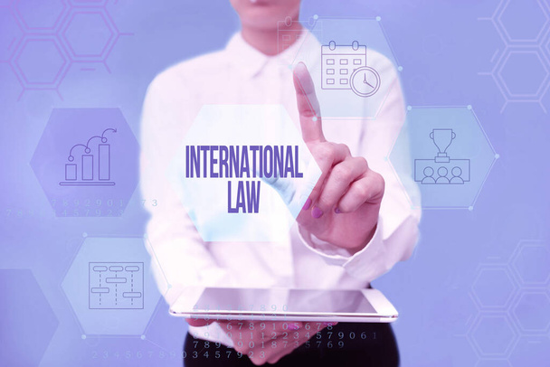 Inspiráció, amely a nemzetközi jog jeleit mutatja. Üzleti koncepció rendszer szerződések és megállapodások nemzetek között Lady In Uniform Holding Telefon Virtuális Sajtó gomb Futurisztikus technológia. - Fotó, kép