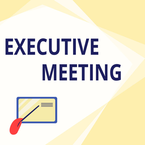 Tekst pisma Executive Meeting. Business showcase omówić konkretny temat z tablicami i ogólnymi członkami Card Drawing With Hand pointing Stick At Small Details. - Zdjęcie, obraz