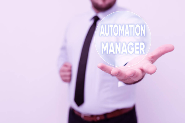 Text sign showing Automation Manager. Word Written on eliminate repetiative tasks across your customer base Presenting New Plans And Ideas Demonstrating Planning Process - Foto, Bild