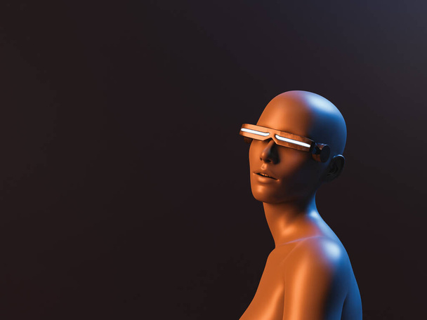 portrait of a character with futuristic glasses and neon lighting on a dark background. 3d rendering - Fotografie, Obrázek