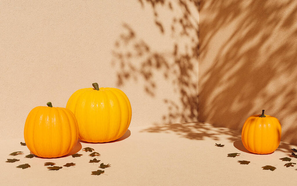 corner with tree shade and pumpkins for product display. autumn scene. 3d rendering - Foto, Imagem