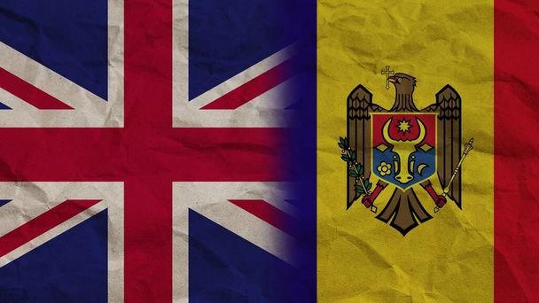 Moldavia y Reino Unido banderas juntas, fondo de efecto de papel arrugado Ilustración 3D - Foto, Imagen