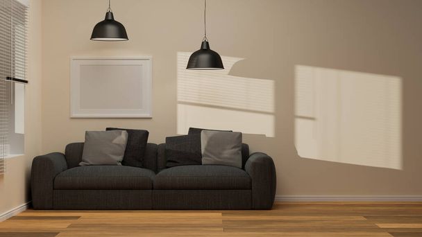 Комфортна вітальня з плакатом в інтер'єрі стіни, темно-сірий диван на дерев'яній підлозі біля вікна, світло через вікно, бежеві шпалери, 3d візуалізація, 3d ілюстрація
 - Фото, зображення
